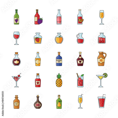 Colorful Set of Flat Outline Icons Featuring Various Alcoholic and Non-Alcoholic Beverages in Bottles, Glasses, and Pitchers