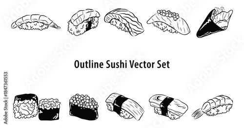 Illustration of Sushi Clipart Hand Drawn Coloring Clipart  for KidsVector Set
