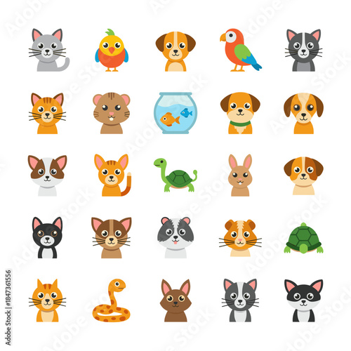 Adorable Collection of Flat Cartoon Animal Face Icons Including Cats, Dogs, Birds, Hamsters, and Reptiles