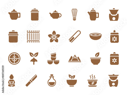 Collection of Brown Silhouette Icons Representing Tea Ceremony Elements, Plants, Herbs, and Traditional Asian Concepts