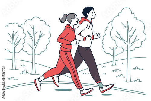 Cartoon vector illustration of a fashionable young couple walking through a winter park, depicting a silhouette of people in love enjoying art and fun