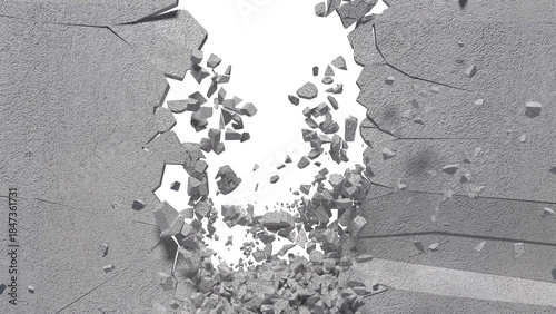 Wall description involves a sudden, forceful rupture, sending debris like concrete