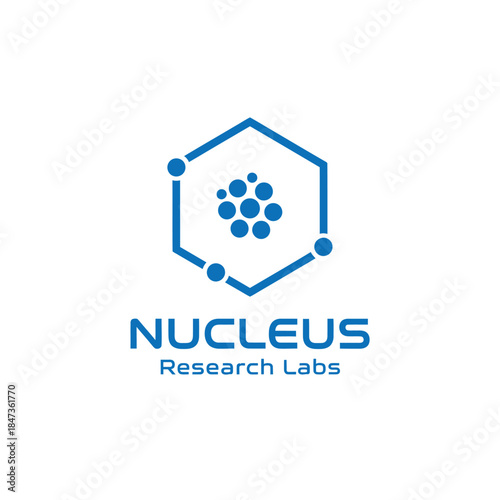 A modern logo featuring a hexagonal nucleus and molecular nodes, representing advanced scientific research, innovation, precision, and laboratory excellence.