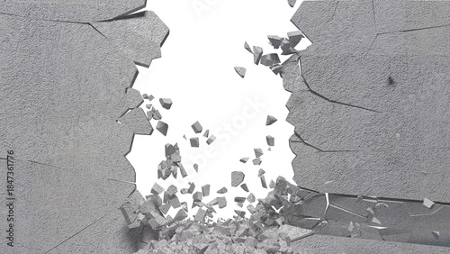 Wall description involves a sudden, forceful rupture, sending debris like concrete