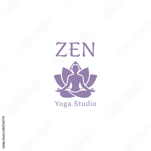 Minimal Zen yoga studio logo with a meditating figure and lotus petals, expressing calm, balance, mindfulness, wellness, and holistic lifestyle.