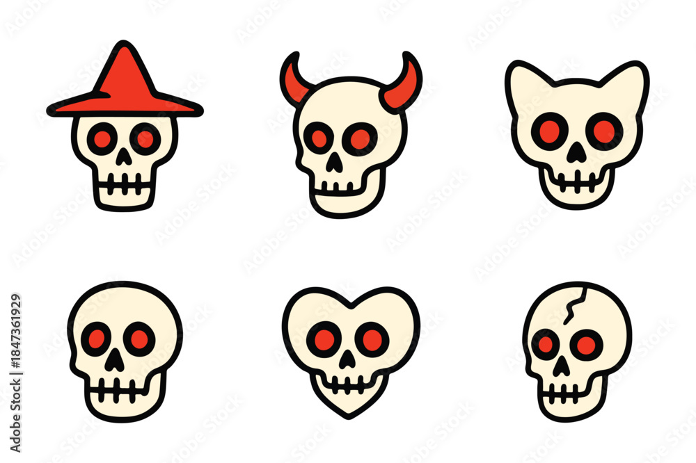 Fototapeta premium Spooky cartoon skull icons with witch hat devil horns and heart shapes.