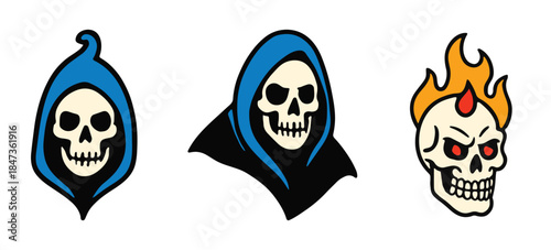 Creepy grim reaper and flaming skull cartoon vector icons set for tattoo and apparel design.