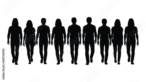 A group of people walking together in a line depicted as a dark silhouette