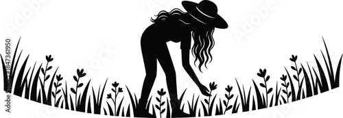 Black silhouette vector illustration of woman wearing hat bending to pick flowers in grassy meadow, isolated design for nature and gardening concepts.