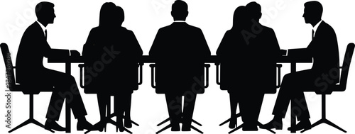 Business meeting silhouette, corporate discussion, teamwork, decision-making, black vector, formal table, leadership, strategy, collaboration, professional group, seated figures