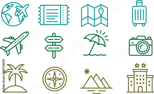 Travel and tourism line icons set with airplane map luggage camera compass hotel beach destination outline vector collection