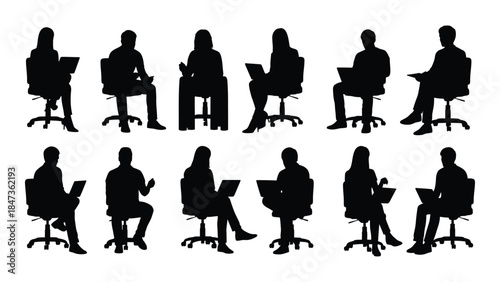 Diverse group of people seated in chairs depicted in a striking black silhouette