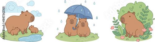 Capybara cartoon, nature scenes, animal family, rainy day, forest setting, cute wildlife, expressive animals, pond view, umbrella moment, garden flowers, animal illustration, capybara art, playful