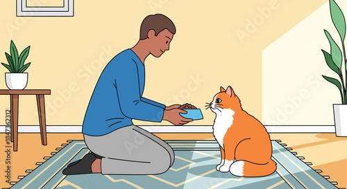 Affectionate Bonding Moment Man Feeding Ginger Cat Pet Care Illustration