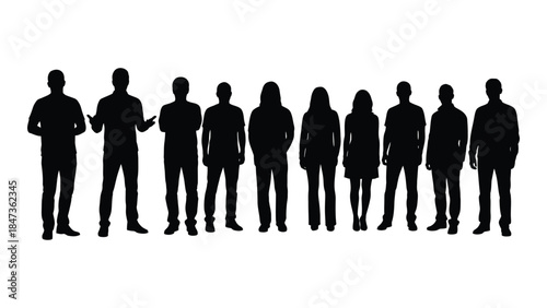 A row of diverse people standing together depicted in a striking black silhouette