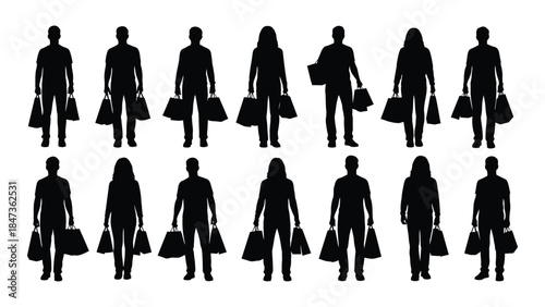 a collection of black silhouettes depicting people carrying shopping bags retail therapy silhouette