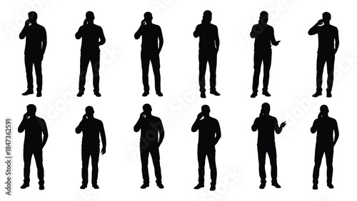 a collection of ten black silhouettes depicting people talking on mobile phones silhouette