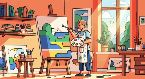 Artist Painting Colorful Landscape In Bright Studio Sunlight Illustration