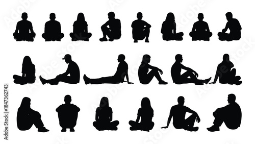 Diverse group of people in various yoga and seated poses black and white silhouette