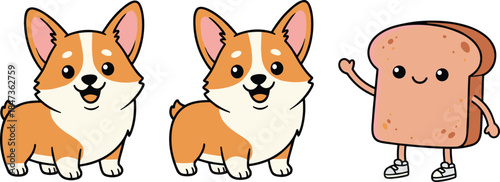 Cartoon corgi and bread character, playful animal food illustration, smiling mascot design, whimsical vector artwork, cute companion concept graphic