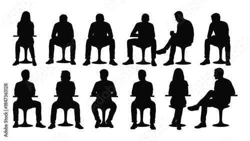Diverse group of people seated in various poses a striking black silhouette