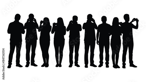a line of people in formal attire posing for a photograph black and white silhouette