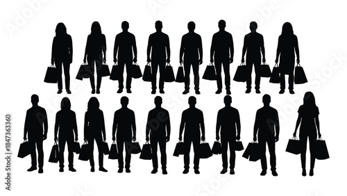 A group of people carrying shopping bags in a stark black silhouette