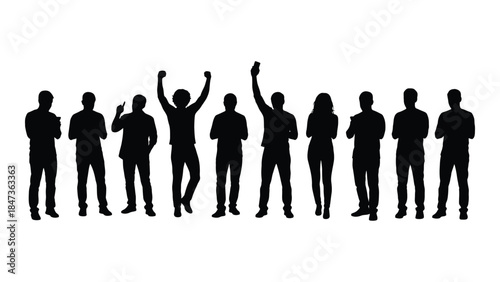 A group of people in various poses are depicted as a striking black silhouette