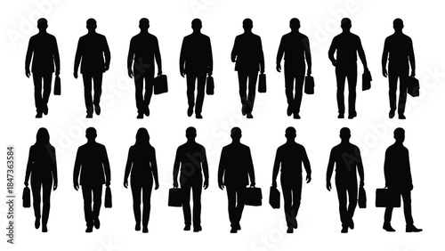 A collection of black silhouettes depicting people walking with briefcases conveying a business atmosphere silhouette