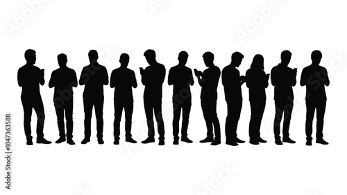 A line of black human figures standing together uniformly spaced in a striking silhouette