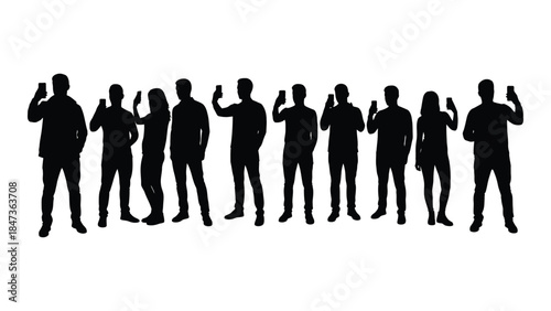 A line of people in various poses captured as a striking black silhouette