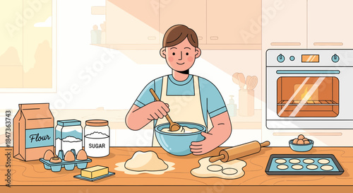 Baking Time Happy Man Preparing Cookies At Home Kitchen