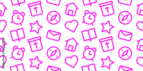 Seamless pattern of mobile application interface symbols like navigation compasses, alarm clocks, heart shapes, stars, home houses and mail message envelopes