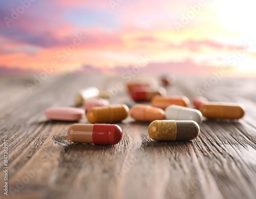 Colorful medicine capsules scattered on rustic wooden surface