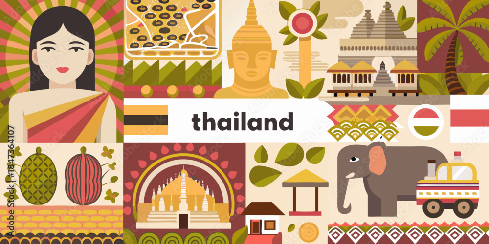 Naklejka premium Illustrative collage showcasing iconic symbols and landmarks of thailand