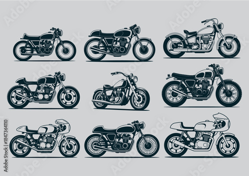 Set of custom motorcycle vector illustrations featuring cafe racer, bobber, and scrambler styles