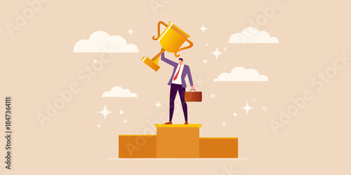 A businessman celebrates success raising a golden trophy on a podium
