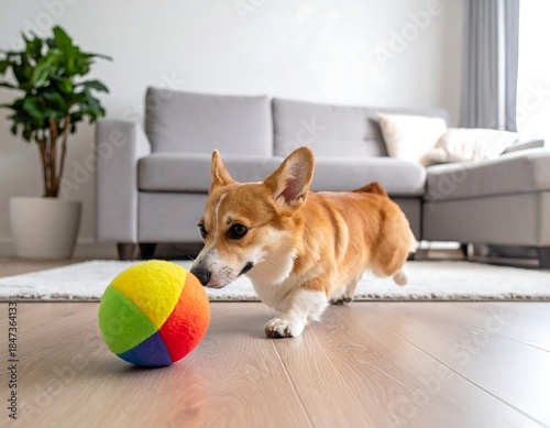 Corgi dog about to engage with a colorful ball in a cozy living room