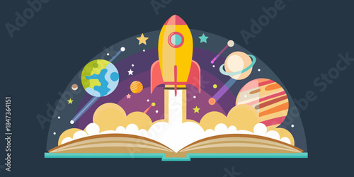 A rocket launching from an open book into a colorful space scene