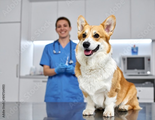 Corgi dog sits on a table at a vet's office with smiling vet