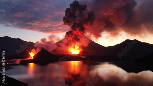 Volcano erupts under a dusky sky, lava flowing into a lake, reflected light