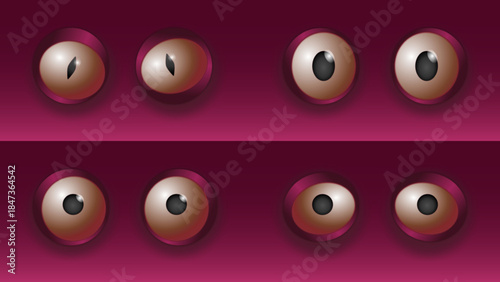 Set of cartoon eyes. Purple round eye. Eye emotions. Madness, surprised, happy, sad eyes. Vector eyes