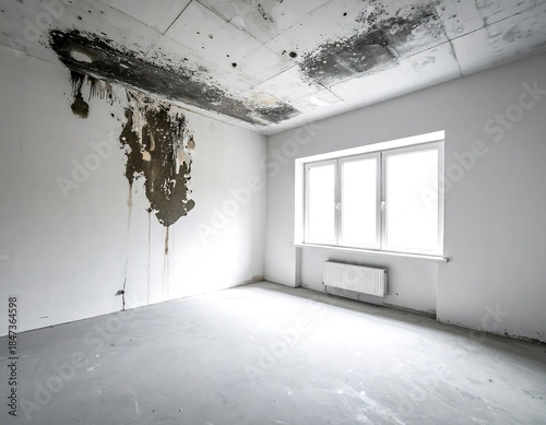 Damaged interior showcasing water damage. Room shows ceiling & wall mold