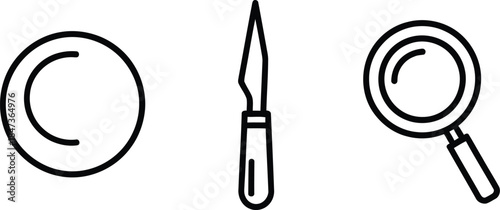 Simple line drawings of a coin utility knife and magnifying glass isolated on transparent background