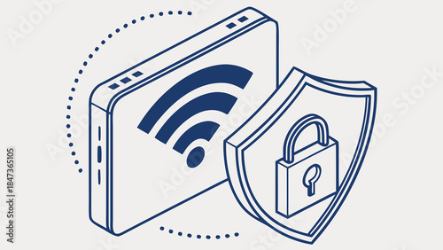 a digital illustration of a smartphone screen, Wi-Fi symbol and a shield, suggesting secure network connection