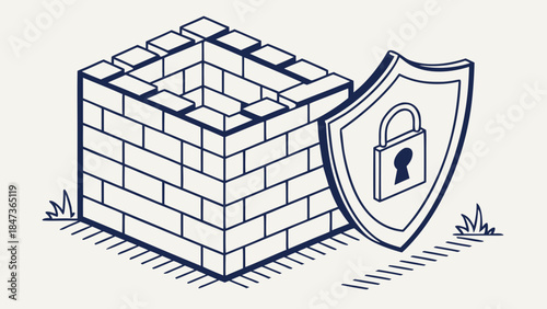 a secured brick structure with a shield and a lock symbolizes the security and protection of data