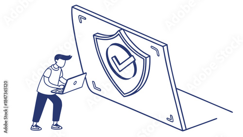 Protecting online presence from cyber threats. A person is using a laptop to make security. Security shield with check mark is a representation of the security