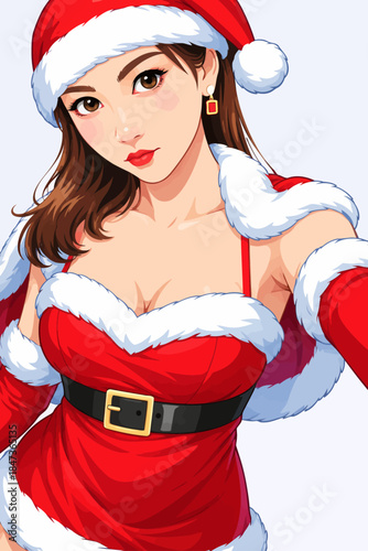 An elegant illustrated portrait of a young woman wearing a classic Santa Claus-inspired outfit. She is dressed in a fitted red dress with white fur trim, complemented by a black belt with a gold buckl