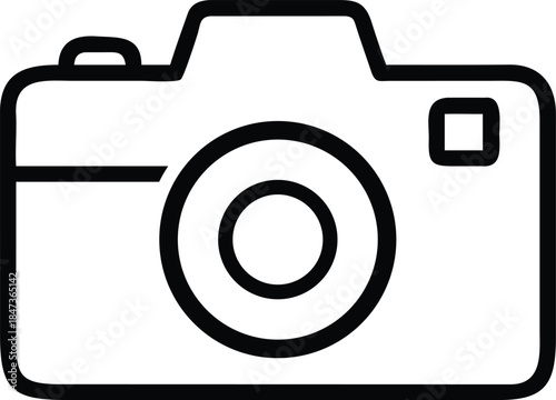 Simple outline drawing of a camera with a lens