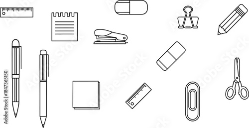 A collection of office supplies and stationery items isolated on transparent background